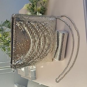 NWOT Vintage Whiting & Davis Silver Mesh Crossbody Bag & Lipstick Case